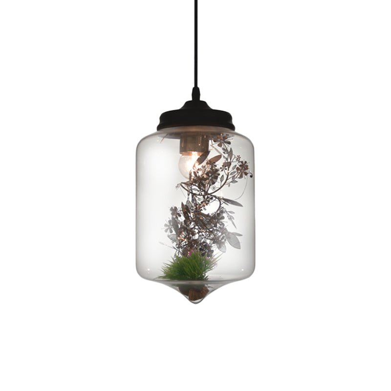 Contemporary 1 Light Hanging Lamp with Clear Glass Shade and Plant Decoration Cylinder/Oval/Globe Pendant Lamp, 6.5"/8"/10.5" Wide Clearhalo 'Ceiling Lights' 'Glass shade' 'Glass' 'Modern Pendants' 'Modern' 'Pendant Lights' 'Pendants' Lighting' 207994