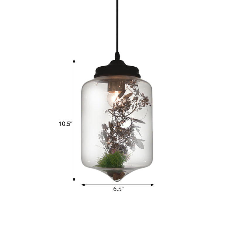 Contemporary 1 Light Hanging Lamp with Clear Glass Shade and Plant Decoration Cylinder/Oval/Globe Pendant Lamp, 6.5"/8"/10.5" Wide Clearhalo 'Ceiling Lights' 'Glass shade' 'Glass' 'Modern Pendants' 'Modern' 'Pendant Lights' 'Pendants' Lighting' 207995