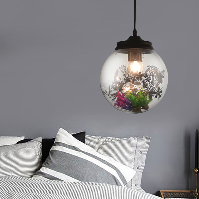 Contemporary 1 Light Hanging Lamp with Clear Glass Shade and Plant Decoration Cylinder/Oval/Globe Pendant Lamp, 6.5"/8"/10.5" Wide Clear 8" Clearhalo 'Ceiling Lights' 'Glass shade' 'Glass' 'Modern Pendants' 'Modern' 'Pendant Lights' 'Pendants' Lighting' 207996