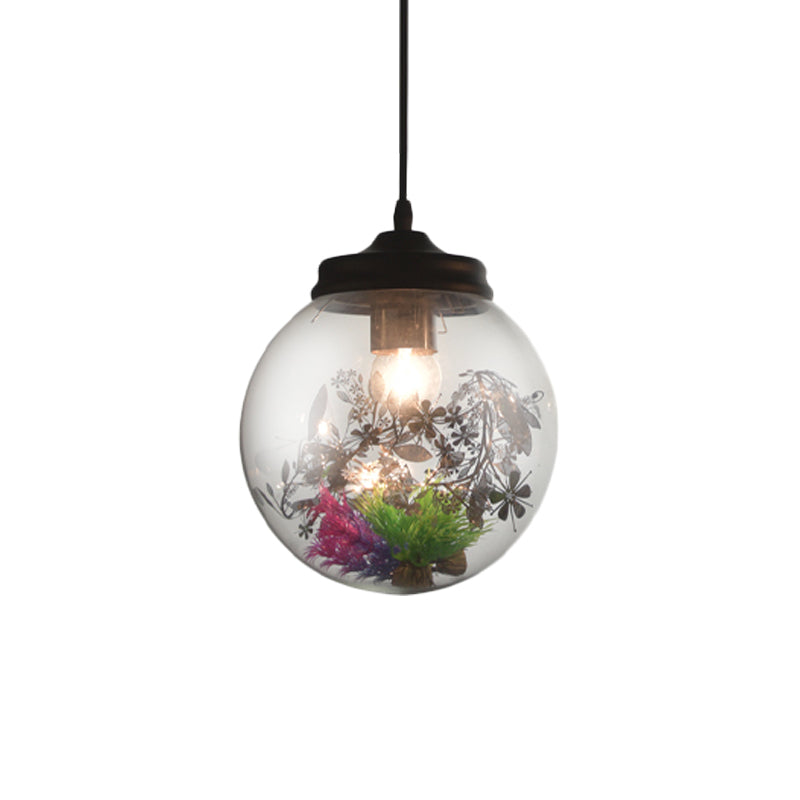 Contemporary 1 Light Hanging Lamp with Clear Glass Shade and Plant Decoration Cylinder/Oval/Globe Pendant Lamp, 6.5"/8"/10.5" Wide Clearhalo 'Ceiling Lights' 'Glass shade' 'Glass' 'Modern Pendants' 'Modern' 'Pendant Lights' 'Pendants' Lighting' 207998