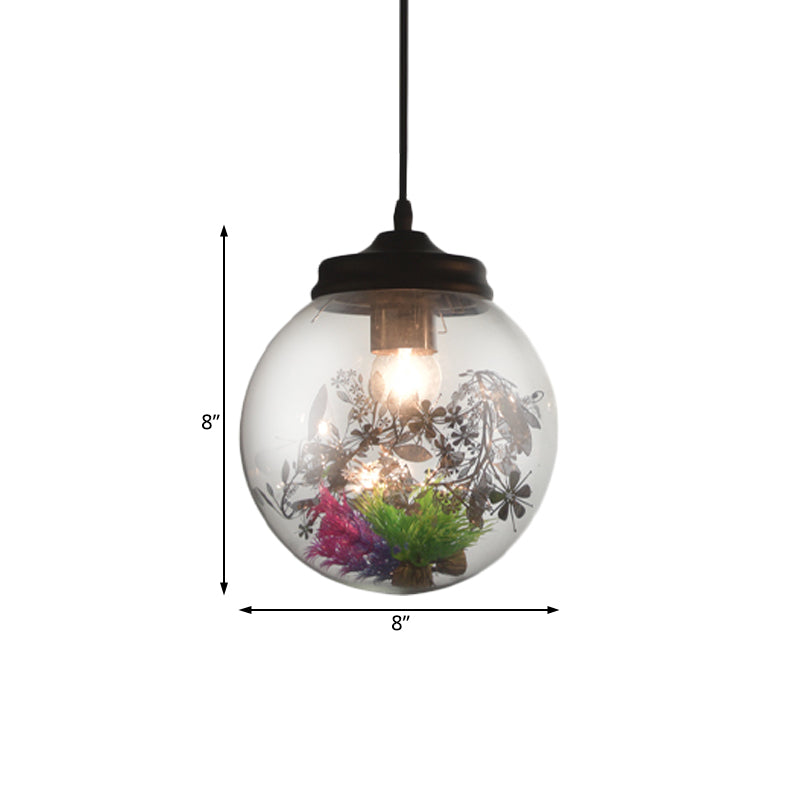 Contemporary 1 Light Hanging Lamp with Clear Glass Shade and Plant Decoration Cylinder/Oval/Globe Pendant Lamp, 6.5"/8"/10.5" Wide Clearhalo 'Ceiling Lights' 'Glass shade' 'Glass' 'Modern Pendants' 'Modern' 'Pendant Lights' 'Pendants' Lighting' 207999