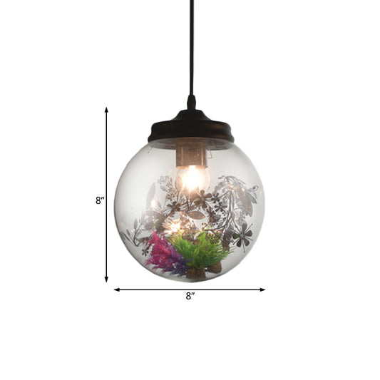 Contemporary 1 Light Hanging Lamp with Clear Glass Shade and Plant Decoration Cylinder/Oval/Globe Pendant Lamp, 6.5"/8"/10.5" Wide Clearhalo 'Ceiling Lights' 'Glass shade' 'Glass' 'Modern Pendants' 'Modern' 'Pendant Lights' 'Pendants' Lighting' 207999