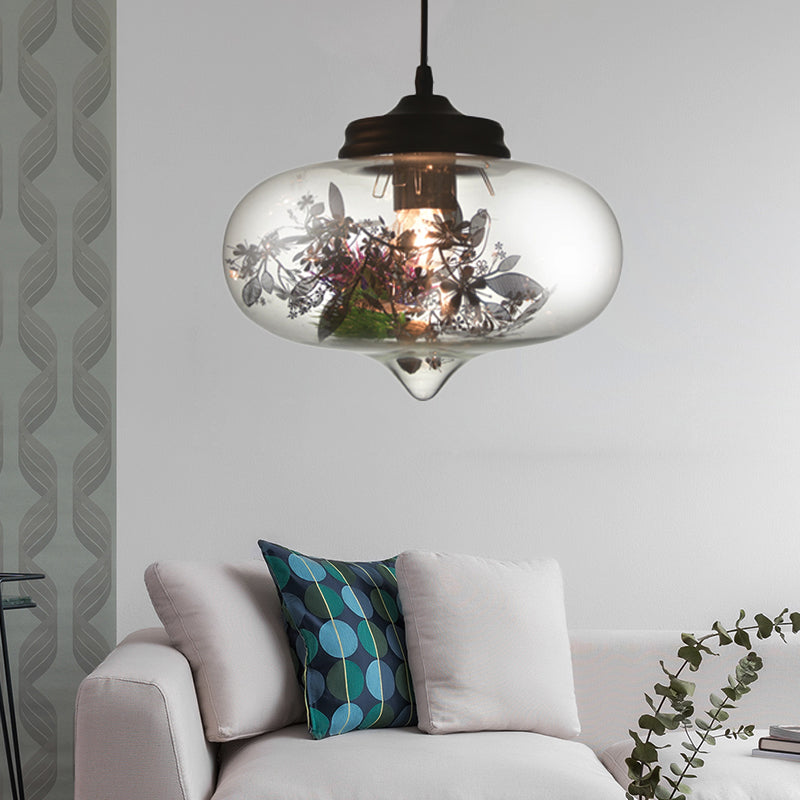 Contemporary 1 Light Hanging Lamp with Clear Glass Shade and Plant Decoration Cylinder/Oval/Globe Pendant Lamp, 6.5"/8"/10.5" Wide Clearhalo 'Ceiling Lights' 'Glass shade' 'Glass' 'Modern Pendants' 'Modern' 'Pendant Lights' 'Pendants' Lighting' 208000