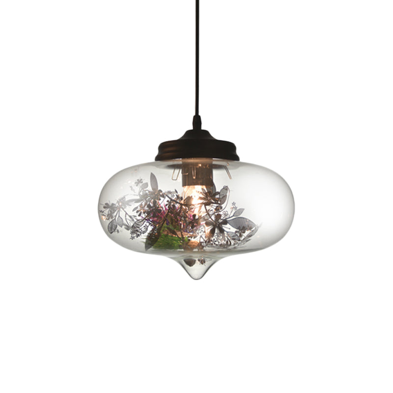 Contemporary 1 Light Hanging Lamp with Clear Glass Shade and Plant Decoration Cylinder/Oval/Globe Pendant Lamp, 6.5"/8"/10.5" Wide Clearhalo 'Ceiling Lights' 'Glass shade' 'Glass' 'Modern Pendants' 'Modern' 'Pendant Lights' 'Pendants' Lighting' 208002