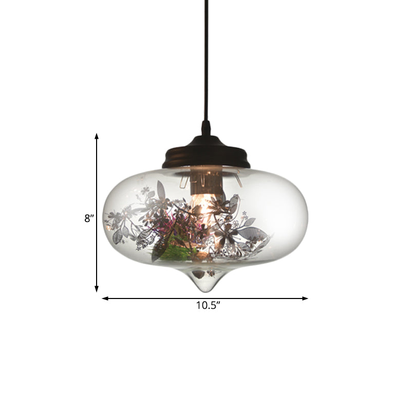 Contemporary 1 Light Hanging Lamp with Clear Glass Shade and Plant Decoration Cylinder/Oval/Globe Pendant Lamp, 6.5"/8"/10.5" Wide Clearhalo 'Ceiling Lights' 'Glass shade' 'Glass' 'Modern Pendants' 'Modern' 'Pendant Lights' 'Pendants' Lighting' 208003