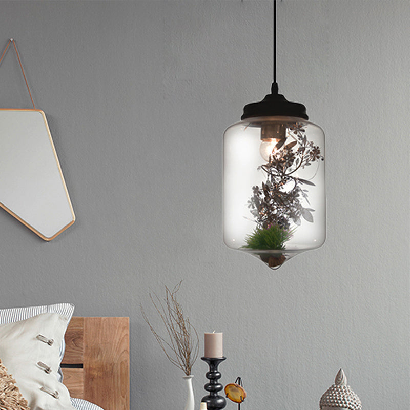 Contemporary 1 Light Hanging Lamp with Clear Glass Shade and Plant Decoration Cylinder/Oval/Globe Pendant Lamp, 6.5"/8"/10.5" Wide Clear 6.5" Clearhalo 'Ceiling Lights' 'Glass shade' 'Glass' 'Modern Pendants' 'Modern' 'Pendant Lights' 'Pendants' Lighting' 208004