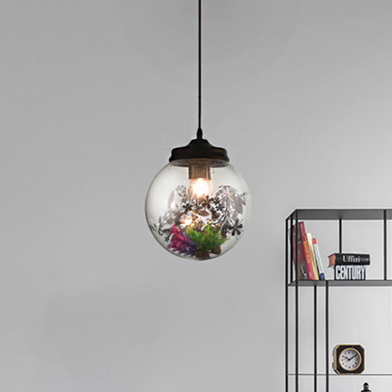 Contemporary 1 Light Hanging Lamp with Clear Glass Shade and Plant Decoration Cylinder/Oval/Globe Pendant Lamp, 6.5"/8"/10.5" Wide Clearhalo 'Ceiling Lights' 'Glass shade' 'Glass' 'Modern Pendants' 'Modern' 'Pendant Lights' 'Pendants' Lighting' 208005