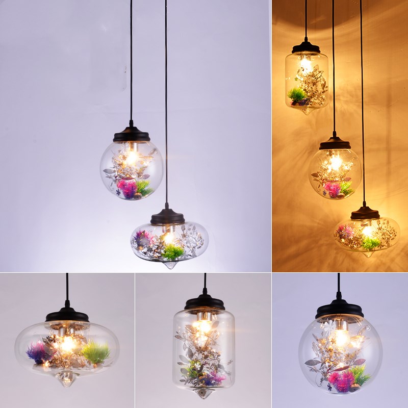 Contemporary 1 Light Hanging Lamp with Clear Glass Shade and Plant Decoration Cylinder/Oval/Globe Pendant Lamp, 6.5"/8"/10.5" Wide Clear 10.5" Clearhalo 'Ceiling Lights' 'Glass shade' 'Glass' 'Modern Pendants' 'Modern' 'Pendant Lights' 'Pendants' Lighting' 208006