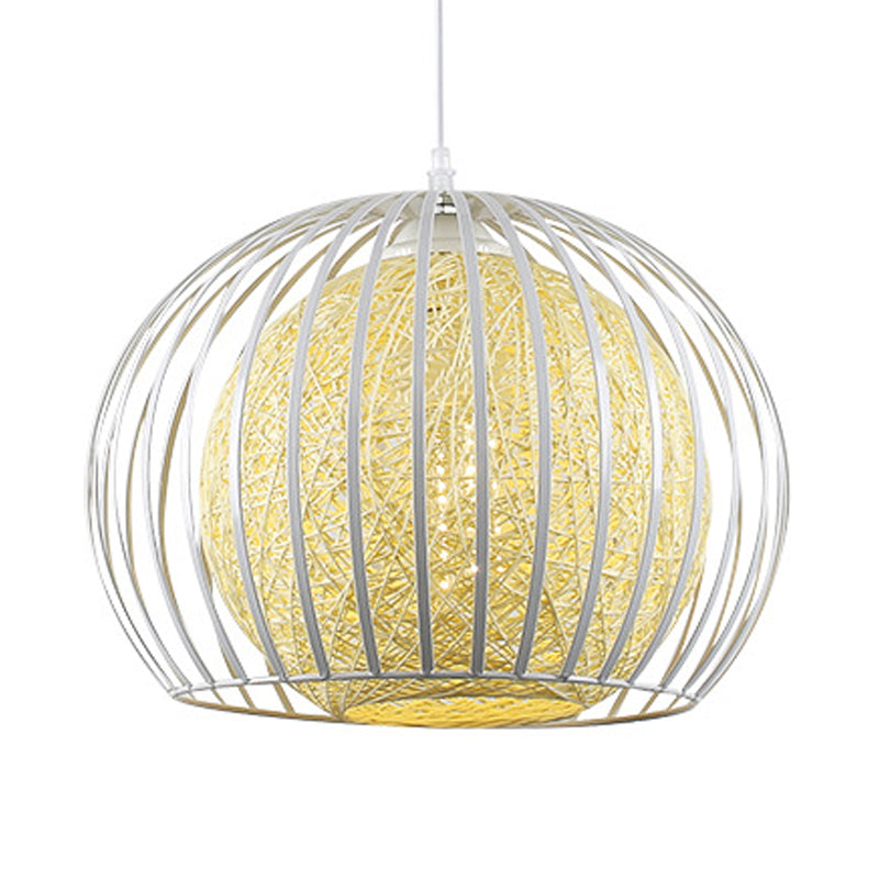 1 Light Dining Room Pendant Light Kit with Globe Beige Cotton Shade and Wire Cage Modern Suspension Light Clearhalo 'Ceiling Lights' 'Modern Pendants' 'Modern' 'Pendant Lights' 'Pendants' Lighting' 208009