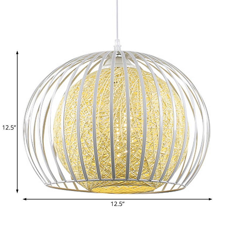 1 Light Dining Room Pendant Light Kit with Globe Beige Cotton Shade and Wire Cage Modern Suspension Light Clearhalo 'Ceiling Lights' 'Modern Pendants' 'Modern' 'Pendant Lights' 'Pendants' Lighting' 208010