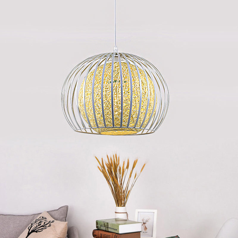 1 Light Dining Room Pendant Light Kit with Globe Beige Cotton Shade and Wire Cage Modern Suspension Light Clearhalo 'Ceiling Lights' 'Modern Pendants' 'Modern' 'Pendant Lights' 'Pendants' Lighting' 208011