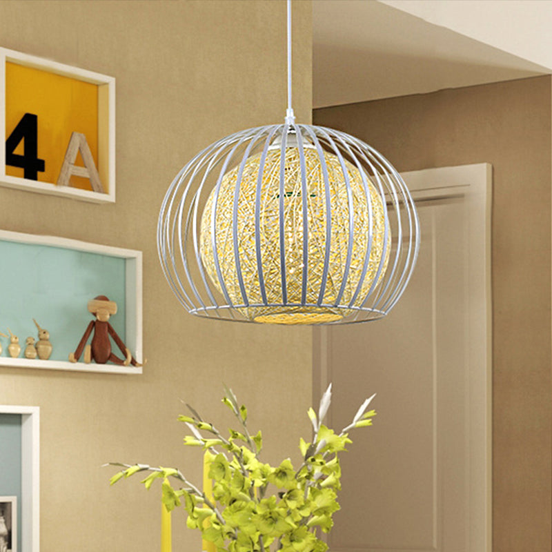 1 Light Dining Room Pendant Light Kit with Globe Beige Cotton Shade and Wire Cage Modern Suspension Light Beige Clearhalo 'Ceiling Lights' 'Modern Pendants' 'Modern' 'Pendant Lights' 'Pendants' Lighting' 208012