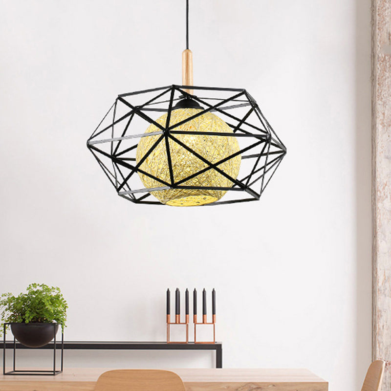 Simple 1 Light Pendant Ceiling Light with Black Polygon Wire Cage Shade Ball Hanging Lamp Kit for Dining Room Clearhalo 'Ceiling Lights' 'Modern Pendants' 'Modern' 'Pendant Lights' 'Pendants' Lighting' 208017