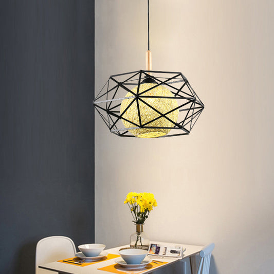 Simple 1 Light Pendant Ceiling Light with Black Polygon Wire Cage Shade Ball Hanging Lamp Kit for Dining Room Black Clearhalo 'Ceiling Lights' 'Modern Pendants' 'Modern' 'Pendant Lights' 'Pendants' Lighting' 208018