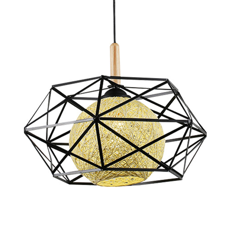 Simple 1 Light Pendant Ceiling Light with Black Polygon Wire Cage Shade Ball Hanging Lamp Kit for Dining Room Clearhalo 'Ceiling Lights' 'Modern Pendants' 'Modern' 'Pendant Lights' 'Pendants' Lighting' 208019