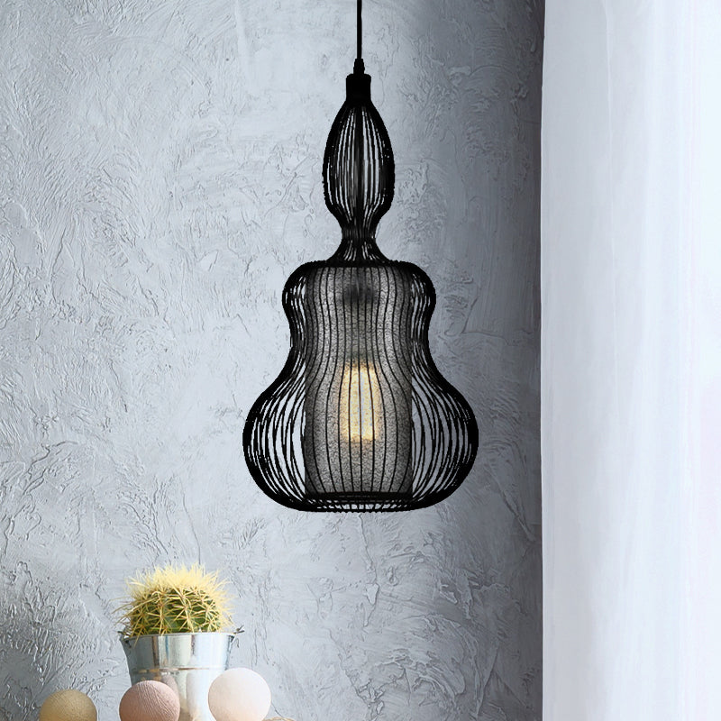 Gourd Cage Pendant Light Simple Style Metal 1 Light Black Hanging Light Kit with Cylinder Shade Inside Black Clearhalo 'Ceiling Lights' 'Modern Pendants' 'Modern' 'Pendant Lights' 'Pendants' Lighting' 208032