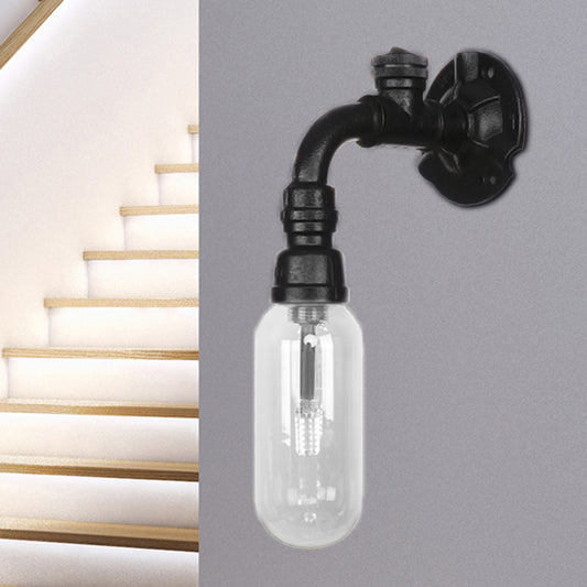 Black Capsule Shade Sconce Light Industrial Clear Glass 1 Light Corridor Wall Mount Lighting with Pipe Design Clearhalo 'Art deco wall lights' 'Cast Iron' 'Glass' 'Industrial wall lights' 'Industrial' 'Middle century wall lights' 'Modern' 'Rustic wall lights' 'Tiffany' 'Traditional wall lights' 'Wall Lamps & Sconces' 'Wall Lights' Lighting' 208130