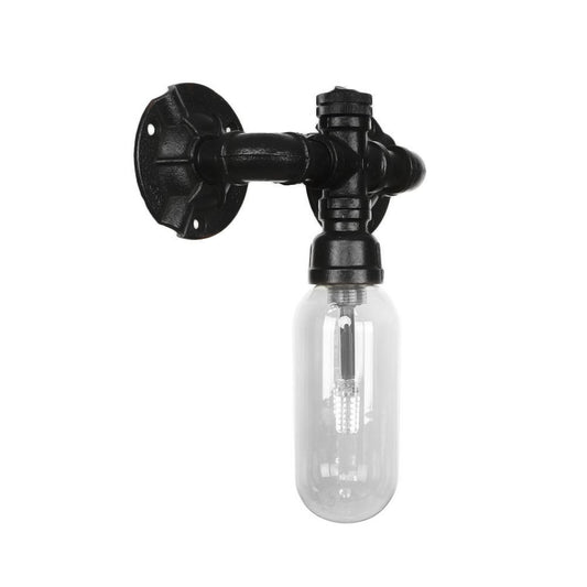 Black Capsule Shade Sconce Light Industrial Clear Glass 1 Light Corridor Wall Mount Lighting with Pipe Design Clearhalo 'Art deco wall lights' 'Cast Iron' 'Glass' 'Industrial wall lights' 'Industrial' 'Middle century wall lights' 'Modern' 'Rustic wall lights' 'Tiffany' 'Traditional wall lights' 'Wall Lamps & Sconces' 'Wall Lights' Lighting' 208140