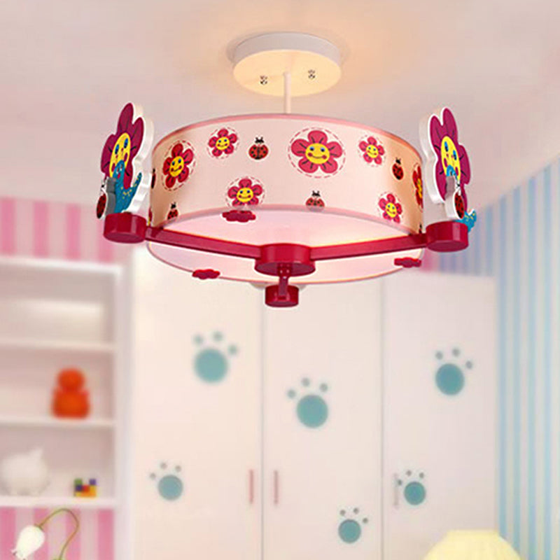 Girls Bedroom Round Flush Ceiling Light Fabric Three Lights Lovely Pink Ceiling Light Red Clearhalo 'Ceiling Lights' 'Close To Ceiling Lights' 'Close to ceiling' 'Semi-flushmount' Lighting' 208251