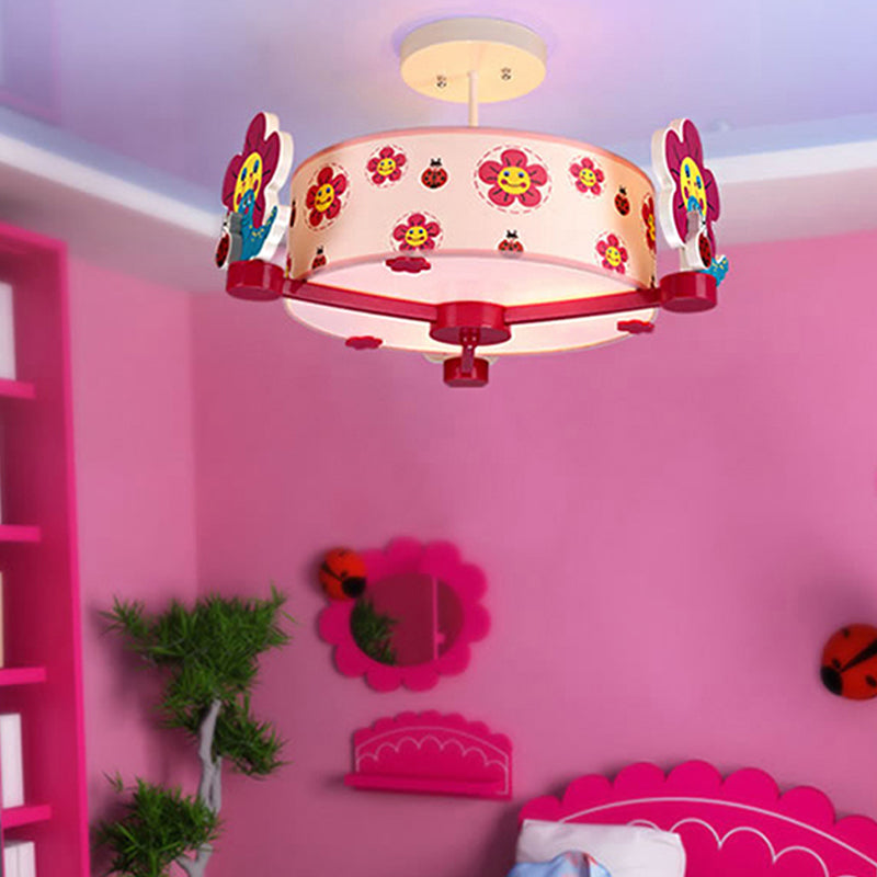 Girls Bedroom Round Flush Ceiling Light Fabric Three Lights Lovely Pink Ceiling Light Clearhalo 'Ceiling Lights' 'Close To Ceiling Lights' 'Close to ceiling' 'Semi-flushmount' Lighting' 208252