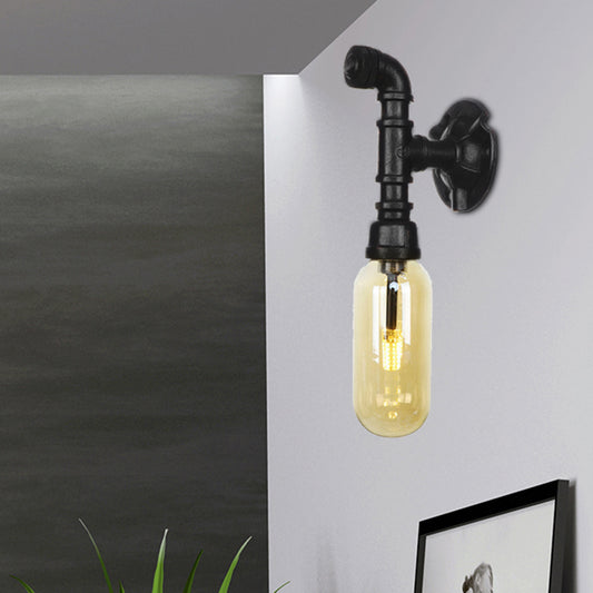 Oval Amber Glass Sconce Lighting Industrial 1 Bulb Corridor Wall Mounted Lamp in Black with Pipe Design Clearhalo 'Art deco wall lights' 'Cast Iron' 'Glass' 'Industrial wall lights' 'Industrial' 'Middle century wall lights' 'Modern' 'Rustic wall lights' 'Tiffany' 'Traditional wall lights' 'Wall Lamps & Sconces' 'Wall Lights' Lighting' 208293