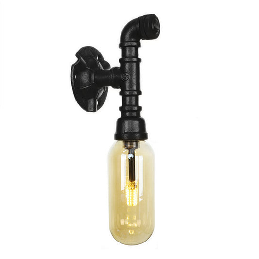 Oval Amber Glass Sconce Lighting Industrial 1 Bulb Corridor Wall Mounted Lamp in Black with Pipe Design Clearhalo 'Art deco wall lights' 'Cast Iron' 'Glass' 'Industrial wall lights' 'Industrial' 'Middle century wall lights' 'Modern' 'Rustic wall lights' 'Tiffany' 'Traditional wall lights' 'Wall Lamps & Sconces' 'Wall Lights' Lighting' 208294