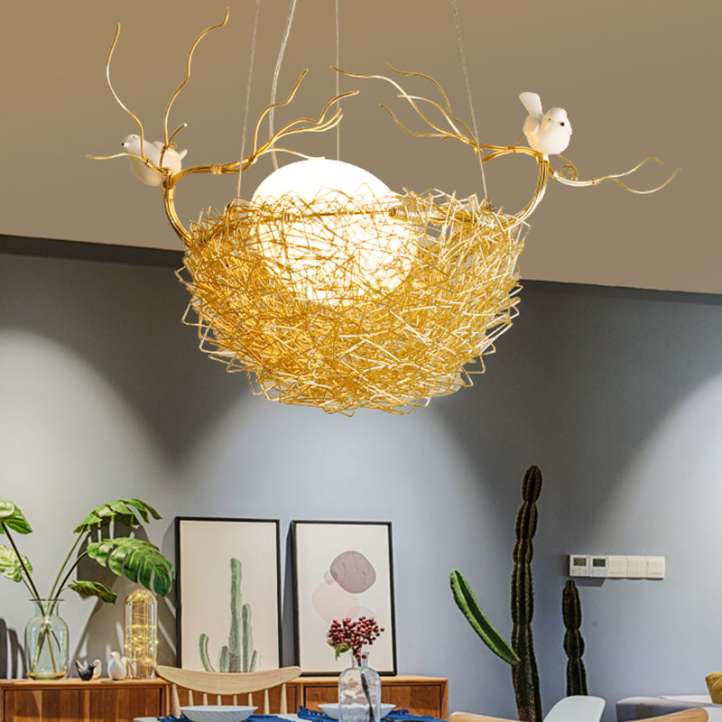 Gold Nest Pendant Light with 2 Birds Art Deco 1 Light Metal Hanging Ceiling Light for Restaurant Clearhalo 'Ceiling Lights' 'Modern Pendants' 'Modern' 'Pendant Lights' 'Pendants' Lighting' 208335