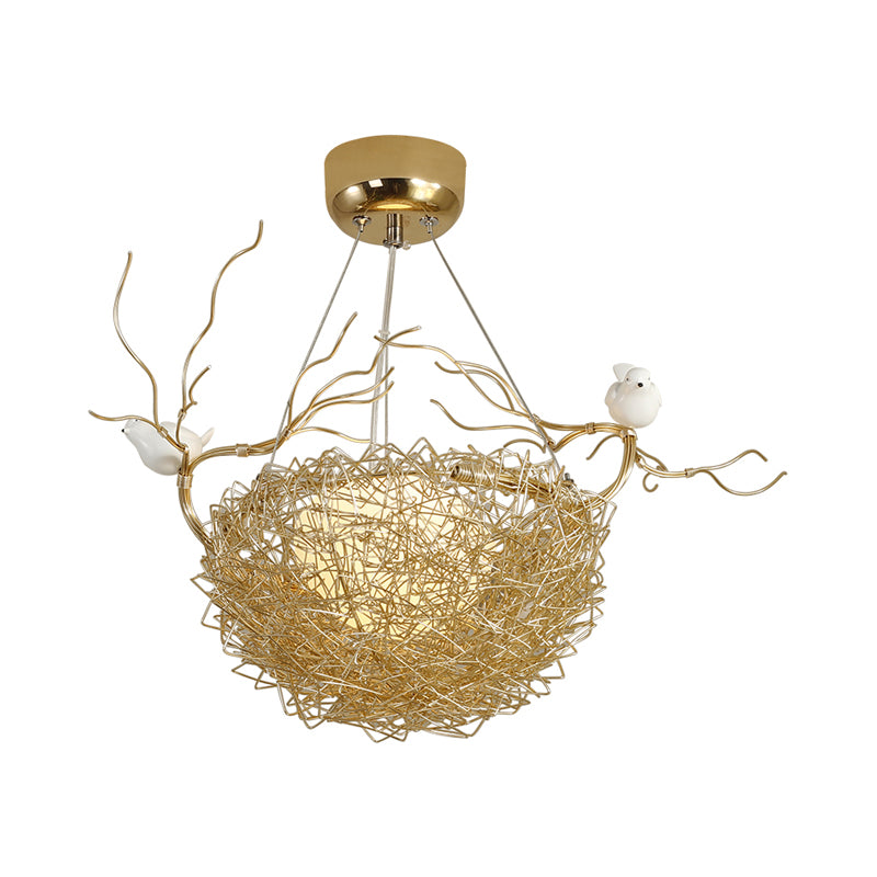 Gold Nest Pendant Light with 2 Birds Art Deco 1 Light Metal Hanging Ceiling Light for Restaurant Clearhalo 'Ceiling Lights' 'Modern Pendants' 'Modern' 'Pendant Lights' 'Pendants' Lighting' 208337