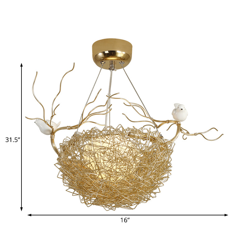 Gold Nest Pendant Light with 2 Birds Art Deco 1 Light Metal Hanging Ceiling Light for Restaurant Clearhalo 'Ceiling Lights' 'Modern Pendants' 'Modern' 'Pendant Lights' 'Pendants' Lighting' 208338