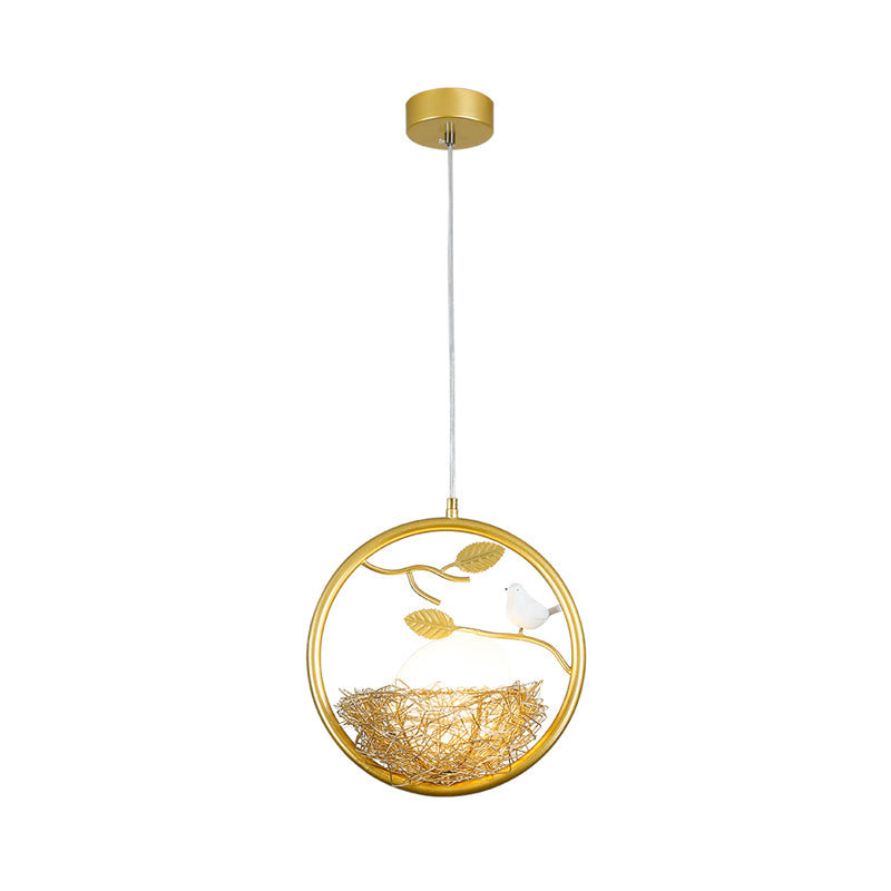 Brass Nest Pendant Light Art Deco 1 Light Metal Suspension Light with Ring/Oval/Sled Frame, 9.5"/12"/14" Wide Clearhalo 'Ceiling Lights' 'Pendant Lights' 'Pendants' Lighting' 208352