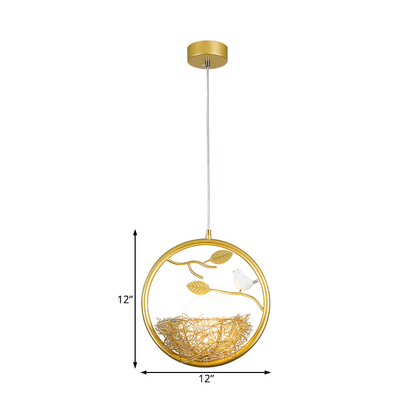 Brass Nest Pendant Light Art Deco 1 Light Metal Suspension Light with Ring/Oval/Sled Frame, 9.5"/12"/14" Wide Clearhalo 'Ceiling Lights' 'Pendant Lights' 'Pendants' Lighting' 208353