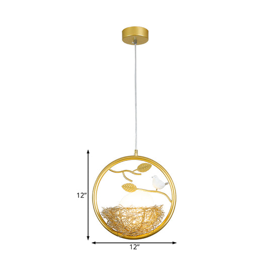 Brass Nest Pendant Light Art Deco 1 Light Metal Suspension Light with Ring/Oval/Sled Frame, 9.5"/12"/14" Wide Clearhalo 'Ceiling Lights' 'Pendant Lights' 'Pendants' Lighting' 208353