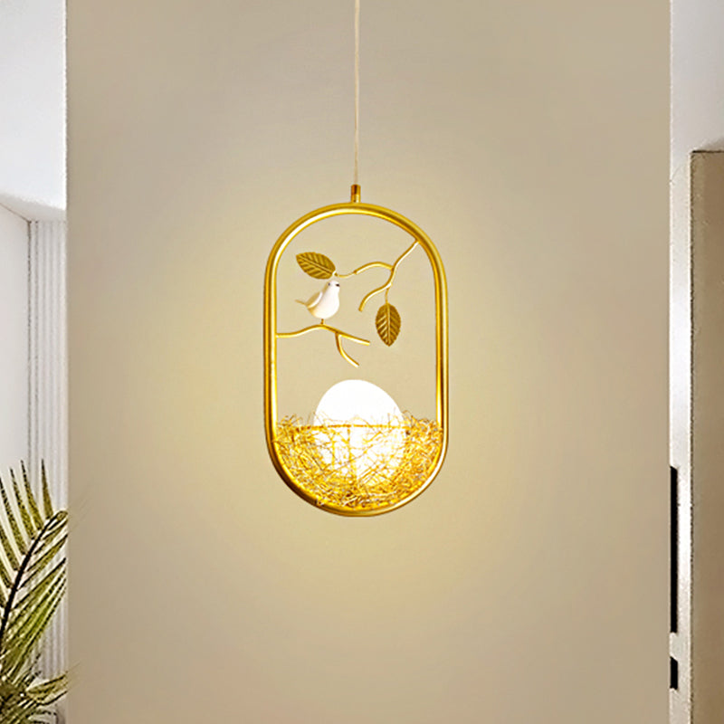 Brass Nest Pendant Light Art Deco 1 Light Metal Suspension Light with Ring/Oval/Sled Frame, 9.5"/12"/14" Wide Clearhalo 'Ceiling Lights' 'Pendant Lights' 'Pendants' Lighting' 208363