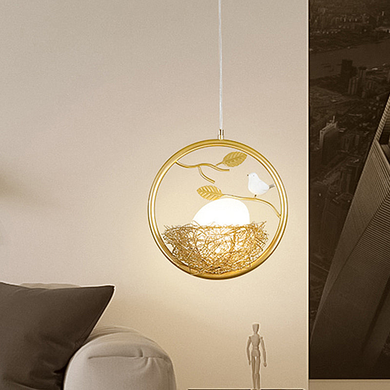 Brass Nest Pendant Light Art Deco 1 Light Metal Suspension Light with Ring/Oval/Sled Frame, 9.5"/12"/14" Wide Clearhalo 'Ceiling Lights' 'Pendant Lights' 'Pendants' Lighting' 208365