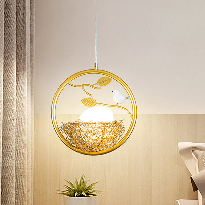 Brass Nest Pendant Light Art Deco 1 Light Metal Suspension Light with Ring/Oval/Sled Frame, 9.5"/12"/14" Wide Clearhalo 'Ceiling Lights' 'Pendant Lights' 'Pendants' Lighting' 208366