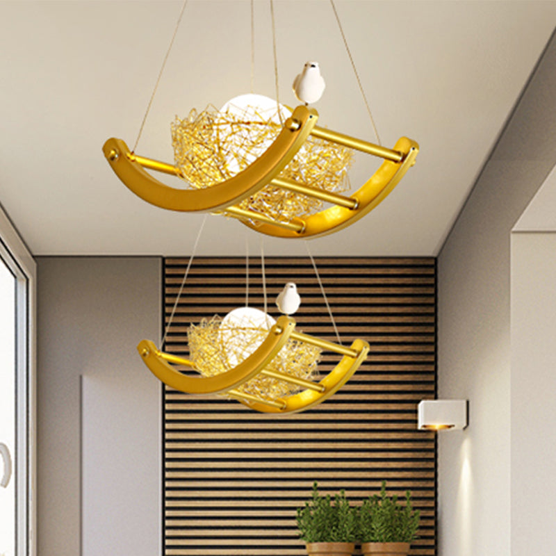 Brass Nest Pendant Light Art Deco 1 Light Metal Suspension Light with Ring/Oval/Sled Frame, 9.5"/12"/14" Wide Clearhalo 'Ceiling Lights' 'Pendant Lights' 'Pendants' Lighting' 208367