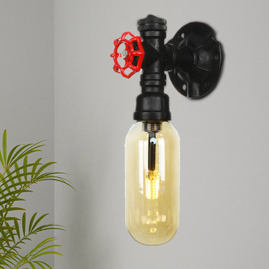 Capsule Amber Glass Sconce Lighting Industrial 1 Bulb Indoor Wall Mounted Lamp in Black with Pipe Design Black C Clearhalo 'Art deco wall lights' 'Cast Iron' 'Glass' 'Industrial wall lights' 'Industrial' 'Middle century wall lights' 'Modern' 'Rustic wall lights' 'Tiffany' 'Traditional wall lights' 'Wall Lamps & Sconces' 'Wall Lights' Lighting' 208390