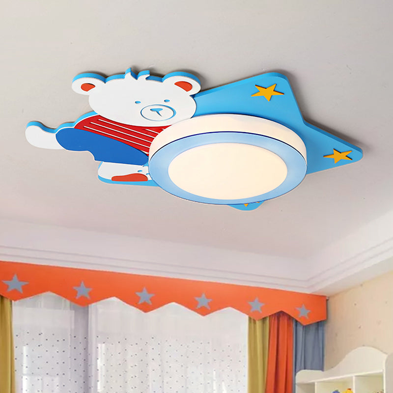 Boys Bedroom Circular Ceiling Mount Light with Cartoon Bear Wood Animal Blue LED Ceiling Lamp Blue Clearhalo 'Ceiling Lights' 'Close To Ceiling Lights' 'Close to ceiling' 'Flush mount' Lighting' 208492