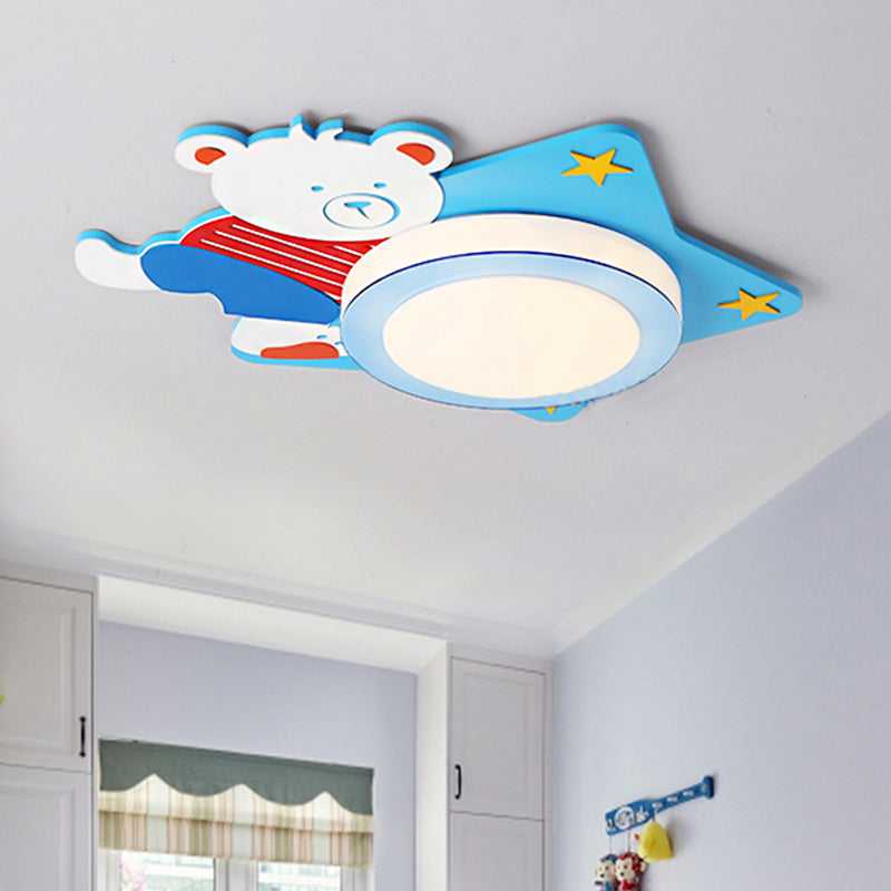 Boys Bedroom Circular Ceiling Mount Light with Cartoon Bear Wood Animal Blue LED Ceiling Lamp Clearhalo 'Ceiling Lights' 'Close To Ceiling Lights' 'Close to ceiling' 'Flush mount' Lighting' 208493