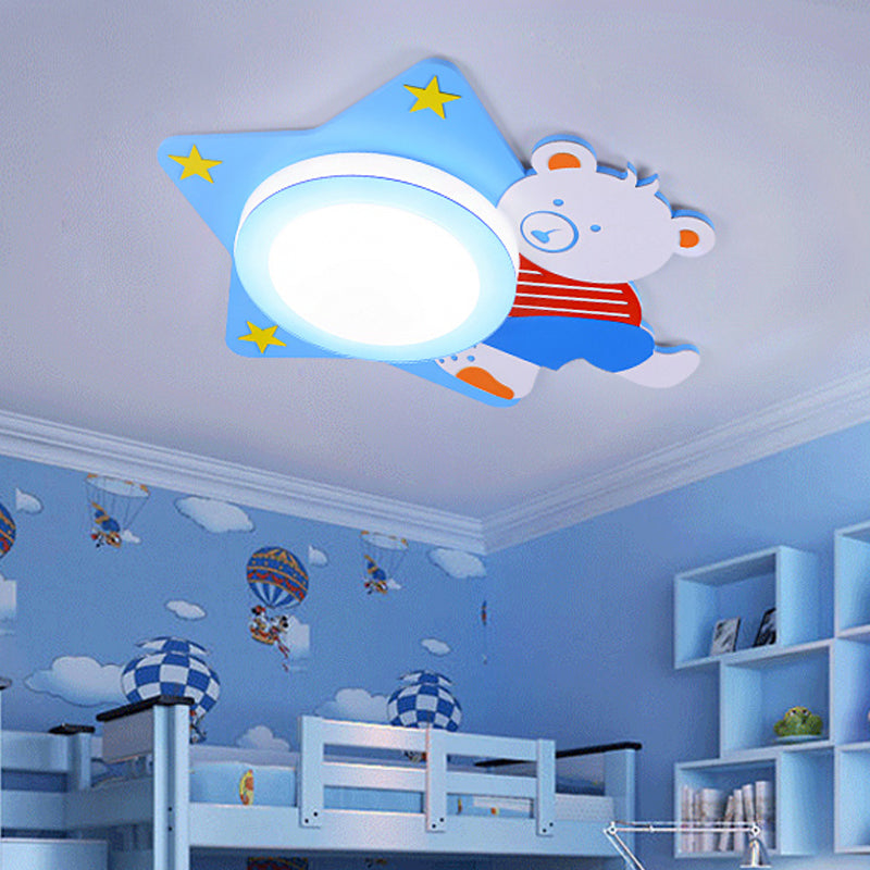 Boys Bedroom Circular Ceiling Mount Light with Cartoon Bear Wood Animal Blue LED Ceiling Lamp Clearhalo 'Ceiling Lights' 'Close To Ceiling Lights' 'Close to ceiling' 'Flush mount' Lighting' 208494