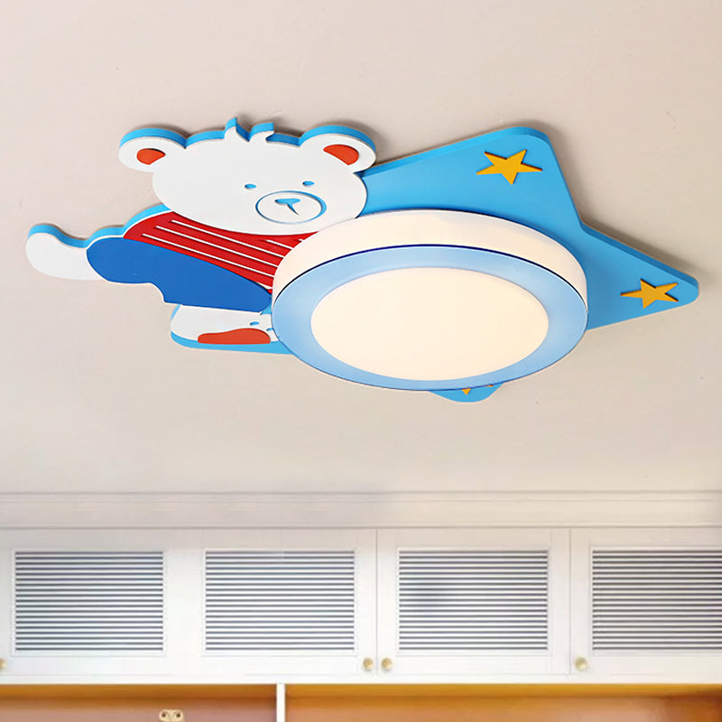 Boys Bedroom Circular Ceiling Mount Light with Cartoon Bear Wood Animal Blue LED Ceiling Lamp Clearhalo 'Ceiling Lights' 'Close To Ceiling Lights' 'Close to ceiling' 'Flush mount' Lighting' 208495