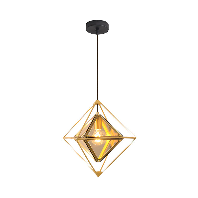 Modern 1 Light Pendant Light with Amber/Smoke Gray Glass Shade Polygon Ceiling Lamp with Black/Gold Frame Clearhalo 'Ceiling Lights' 'Close To Ceiling Lights' 'Glass shade' 'Glass' 'Modern Pendants' 'Modern' 'Pendant Lights' 'Pendants' Lighting' 208585