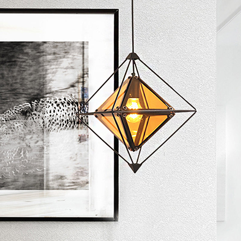 Modern 1 Light Pendant Light with Amber/Smoke Gray Glass Shade Polygon Ceiling Lamp with Black/Gold Frame Clearhalo 'Ceiling Lights' 'Close To Ceiling Lights' 'Glass shade' 'Glass' 'Modern Pendants' 'Modern' 'Pendant Lights' 'Pendants' Lighting' 208598