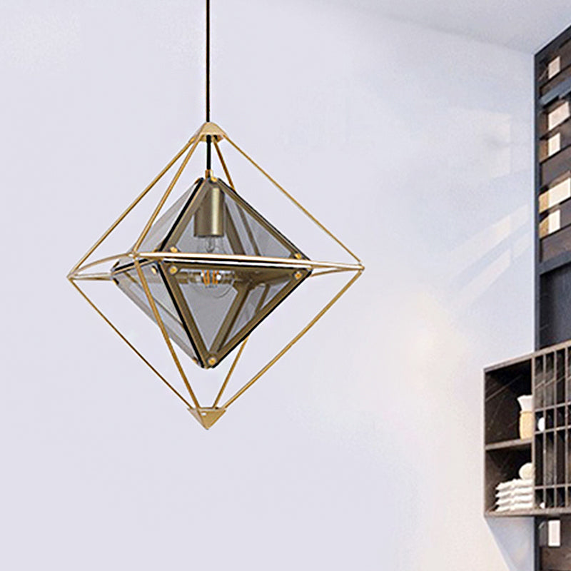 Modern 1 Light Pendant Light with Amber/Smoke Gray Glass Shade Polygon Ceiling Lamp with Black/Gold Frame Clearhalo 'Ceiling Lights' 'Close To Ceiling Lights' 'Glass shade' 'Glass' 'Modern Pendants' 'Modern' 'Pendant Lights' 'Pendants' Lighting' 208600