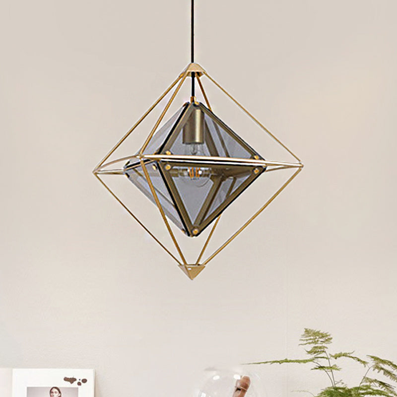 Modern 1 Light Pendant Light with Amber/Smoke Gray Glass Shade Polygon Ceiling Lamp with Black/Gold Frame Gold Smoke Grey Clearhalo 'Ceiling Lights' 'Close To Ceiling Lights' 'Glass shade' 'Glass' 'Modern Pendants' 'Modern' 'Pendant Lights' 'Pendants' Lighting' 208601