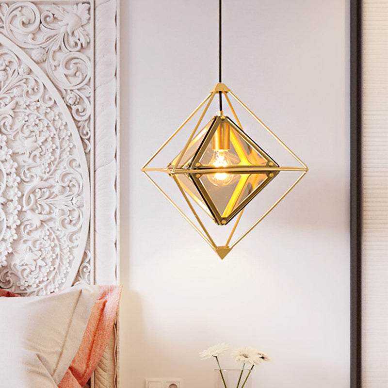 Modern 1 Light Pendant Light with Amber/Smoke Gray Glass Shade Polygon Ceiling Lamp with Black/Gold Frame Gold Amber Clearhalo 'Ceiling Lights' 'Close To Ceiling Lights' 'Glass shade' 'Glass' 'Modern Pendants' 'Modern' 'Pendant Lights' 'Pendants' Lighting' 208602