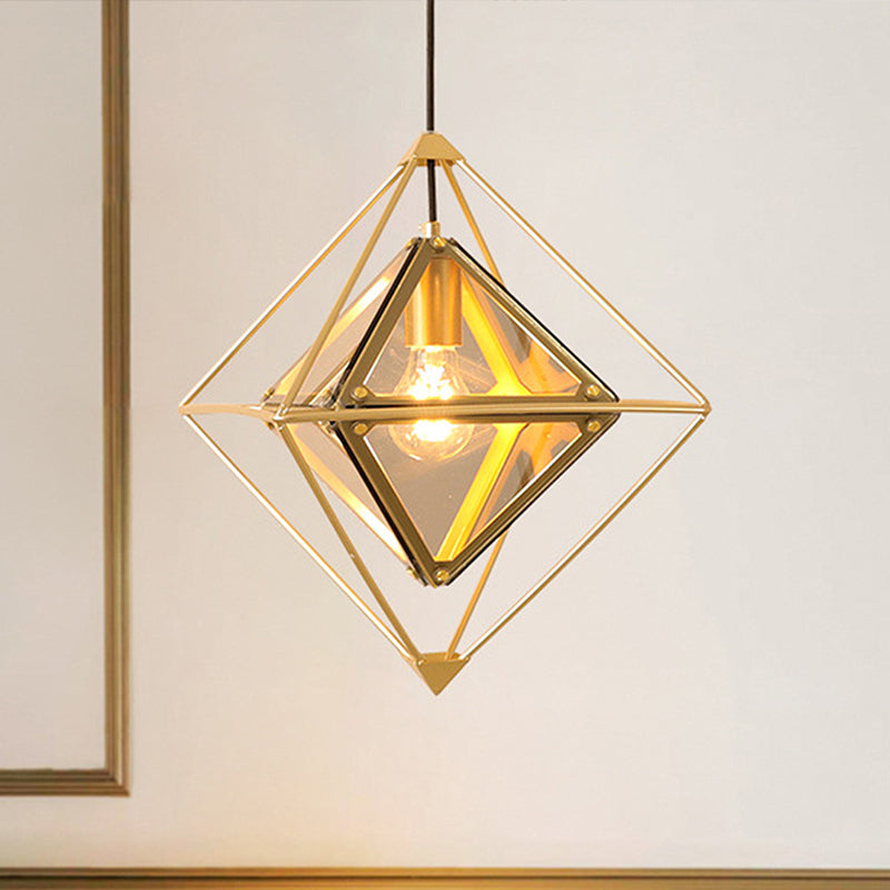 Modern 1 Light Pendant Light with Amber/Smoke Gray Glass Shade Polygon Ceiling Lamp with Black/Gold Frame Clearhalo 'Ceiling Lights' 'Close To Ceiling Lights' 'Glass shade' 'Glass' 'Modern Pendants' 'Modern' 'Pendant Lights' 'Pendants' Lighting' 208603