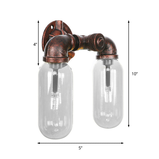 Weathered Copper 2-Light Sconce Light Industrial Clear Glass Oval Wall Lighting Fixture with Pipe Design Clearhalo 'Art deco wall lights' 'Cast Iron' 'Glass' 'Industrial wall lights' 'Industrial' 'Middle century wall lights' 'Modern' 'Rustic wall lights' 'Tiffany' 'Traditional wall lights' 'Wall Lamps & Sconces' 'Wall Lights' Lighting' 208856