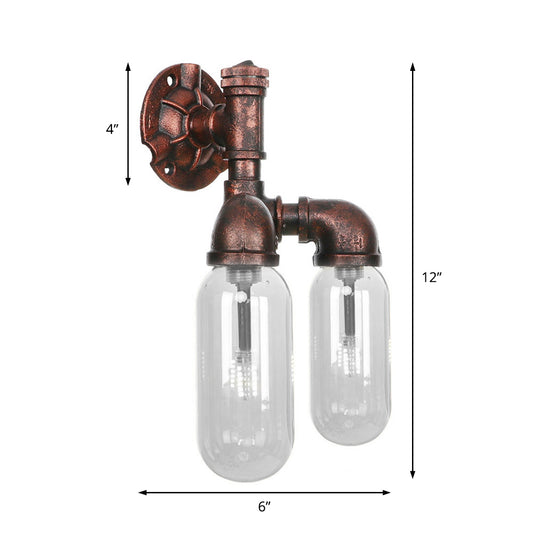 Clear Glass Capsule Sconce Lighting Industrial 2/4 Lights Bedroom Wall Mounted Pipe Light in Weathered Copper Clearhalo 'Art deco wall lights' 'Cast Iron' 'Glass' 'Industrial wall lights' 'Industrial' 'Middle century wall lights' 'Modern' 'Rustic wall lights' 'Tiffany' 'Traditional wall lights' 'Wall Lamps & Sconces' 'Wall Lights' Lighting' 208872