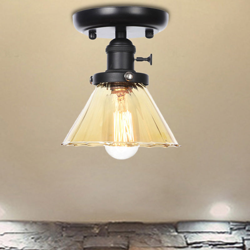 1 Bulb Semi Flush Mount Clear/Amber Glass Industrial Cone/Rhombus/Bell Ceiling Light for Kitchen Clearhalo 'Ceiling Lights' 'Close To Ceiling Lights' 'Close to ceiling' 'Glass shade' 'Glass' 'Semi-flushmount' Lighting' 208904